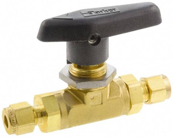 Parker - 3/8" Pipe, Brass, Inline, Two Way Flow, Instrumentation Ball Valve - 3,000 psi WOG Rating, Wedge Handle, PTFE Seal, PTFE Seat - Exact Industrial Supply