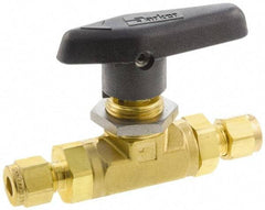 Parker - 1/4" Pipe, Brass, Inline, Two Way Flow, Instrumentation Ball Valve - 3,000 psi WOG Rating, Wedge Handle, PTFE Seal, PTFE Seat - Exact Industrial Supply