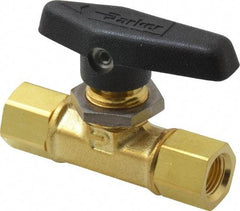 Parker - 1/8" Pipe, FNPT x FNPT End Connections, Brass, Inline, Two Way Flow, Instrumentation Ball Valve - 3,000 psi WOG Rating, Wedge Handle, PTFE Seal, PTFE Seat - Exact Industrial Supply