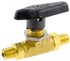 Parker - 3/8" Pipe, MNPT x MNPT End Connections, Brass, Inline, Two Way Flow, Instrumentation Ball Valve - 3,000 psi WOG Rating, Wedge Handle, PTFE Seal, PTFE Seat - Exact Industrial Supply