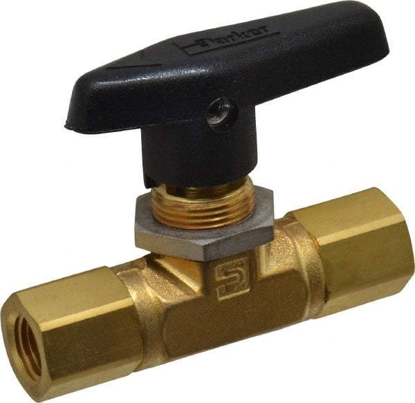 Parker - 1/4" Pipe, FNPT x FNPT End Connections, Brass, Inline, Two Way Flow, Instrumentation Ball Valve - 3,000 psi WOG Rating, Wedge Handle, PTFE Seal, PTFE Seat - Exact Industrial Supply