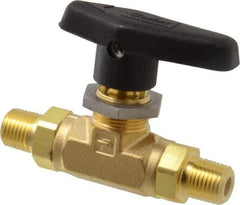 Parker - 1/4" Pipe, MNPT x MNPT End Connections, Brass, Inline, Two Way Flow, Instrumentation Ball Valve - 3,000 psi WOG Rating, Wedge Handle, PTFE Seal, PTFE Seat - Exact Industrial Supply