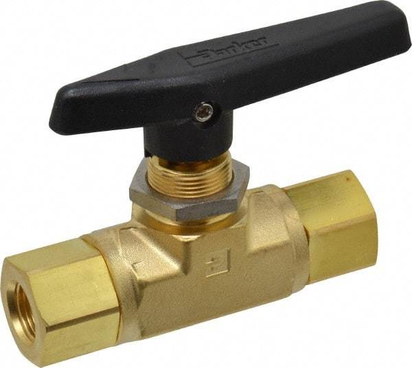 Parker - 3/8" Pipe, FNPT x FNPT End Connections, Brass, Inline, Two Way Flow, Instrumentation Ball Valve - 3,000 psi WOG Rating, Wedge Handle, PTFE Seal, PTFE Seat - Exact Industrial Supply
