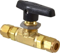 Parker - 3/8" Pipe, Compression x Compression CPI End Connections, Brass, Inline, Two Way Flow, Instrumentation Ball Valve - 3,000 psi WOG Rating, Wedge Handle, PTFE Seal, PTFE Seat - Exact Industrial Supply