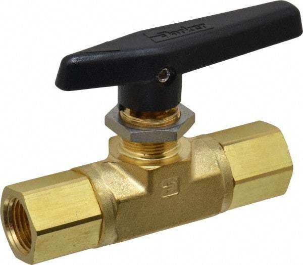 Parker - 1/2" Pipe, FNPT x FNPT End Connections, Brass, Inline, Two Way Flow, Instrumentation Ball Valve - 3,000 psi WOG Rating, Wedge Handle, PTFE Seal, PTFE Seat - Exact Industrial Supply