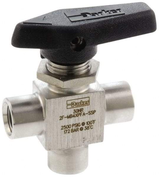 Parker - 1/8" Pipe, FNPT x FNPT x FNPT End Connections, Stainless Steel, Three Way, Instrumentation Ball Valve - 2,500 psi WOG Rating, Wedge Handle, PFA Seat - Exact Industrial Supply