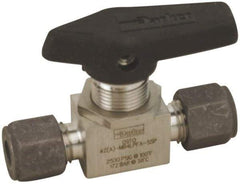 Parker - 1/8" Pipe, Compression x Compression CPI End Connections, Stainless Steel, Inline, Two Way Flow, Instrumentation Ball Valve - 2,500 psi WOG Rating, Wedge Handle, PFA Seat - Exact Industrial Supply