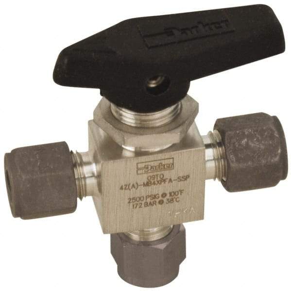 Parker - 1/4" Pipe, Compression x Compression x Compression CPI End Connections, Stainless Steel, Three Way, Instrumentation Ball Valve - 2,500 psi WOG Rating, Wedge Handle, PFA Seat - Exact Industrial Supply