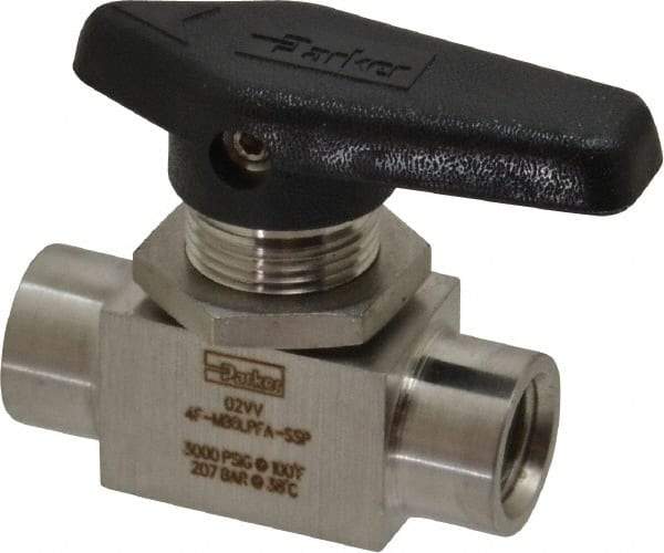 Parker - 1/4" Pipe, FNPT x FNPT End Connections, Stainless Steel, Inline, Two Way Flow, Instrumentation Ball Valve - 3,000 psi WOG Rating, Wedge Handle, PFA Seat - Exact Industrial Supply