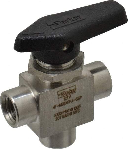 Parker - 1/4" Pipe, FNPT x FNPT x FNPT End Connections, Stainless Steel, Three Way, Instrumentation Ball Valve - 3,000 psi WOG Rating, Wedge Handle, PFA Seat - Exact Industrial Supply