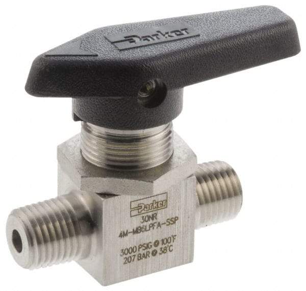 Parker - 1/4" Pipe, MNPT x MNPT End Connections, Stainless Steel, Inline, Two Way Flow, Instrumentation Ball Valve - 3,000 psi WOG Rating, Wedge Handle, PFA Seat - Exact Industrial Supply