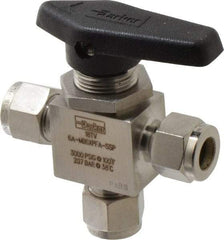 Parker - 3/8" Pipe, Stainless Steel, Three Way, Instrumentation Ball Valve - 3,000 psi WOG Rating, Wedge Handle, PFA Seat - Exact Industrial Supply
