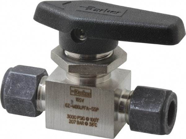 Parker - 3/8" Pipe, Compression x Compression CPI End Connections, Stainless Steel, Inline, Two Way Flow, Instrumentation Ball Valve - 3,000 psi WOG Rating, Wedge Handle, PFA Seat - Exact Industrial Supply