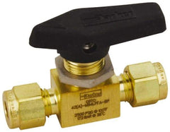 Parker - 3/8" Pipe, Compression x Compression CPI End Connections, Brass, Inline, Two Way Flow, Instrumentation Ball Valve - 3,000 psi WOG Rating, Wedge Handle, PFA Seat - Exact Industrial Supply