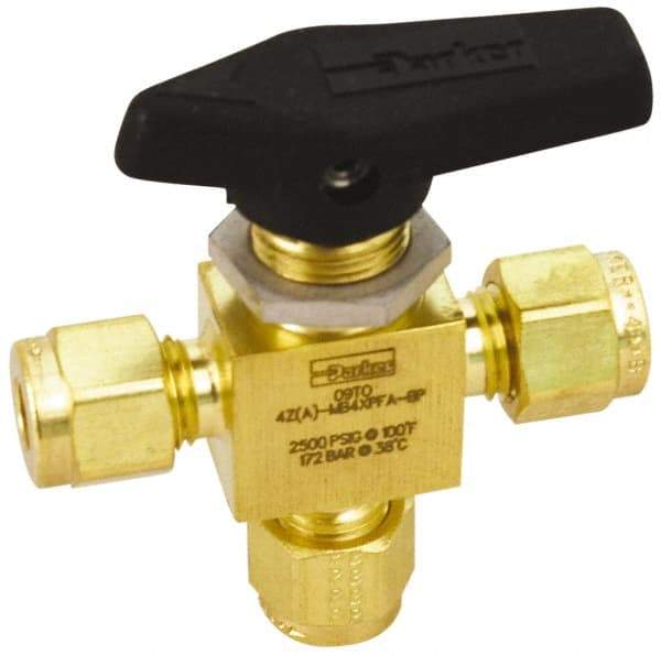 Parker - 1/4" Pipe, Brass, Three Way, Instrumentation Ball Valve - 2,500 psi WOG Rating, Wedge Handle, PFA Seat - Exact Industrial Supply