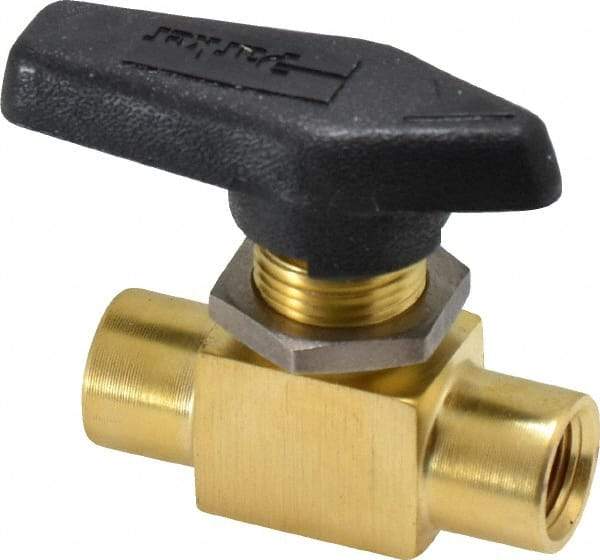 Parker - 1/8" Pipe, FNPT x FNPT End Connections, Brass, Inline, Two Way Flow, Instrumentation Ball Valve - 2,500 psi WOG Rating, Wedge Handle, PFA Seat - Exact Industrial Supply