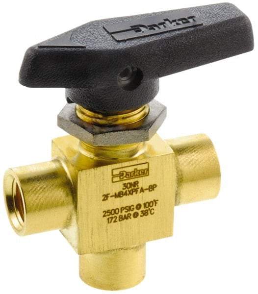 Parker - 1/8" Pipe, FNPT x FNPT x FNPT End Connections, Brass, Three Way, Instrumentation Ball Valve - 2,500 psi WOG Rating, Wedge Handle, PFA Seat - Exact Industrial Supply
