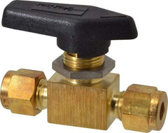 Parker - 1/4" Pipe, Brass, Inline, Two Way Flow, Instrumentation Ball Valve - 2,500 psi WOG Rating, Wedge Handle, PFA Seat - Exact Industrial Supply