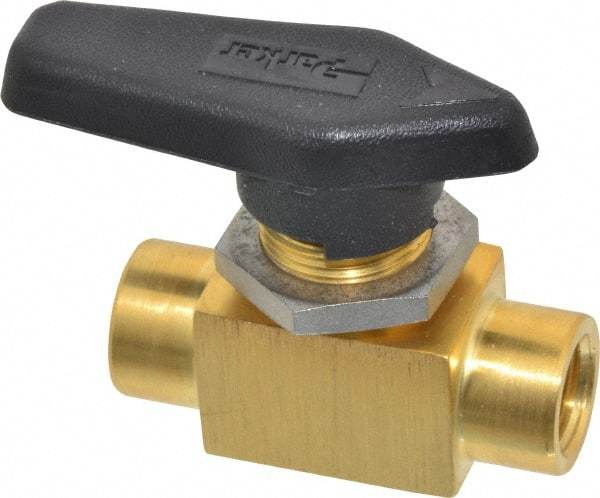 Parker - 1/4" Pipe, FNPT x FNPT End Connections, Brass, Inline, Two Way Flow, Instrumentation Ball Valve - 3,000 psi WOG Rating, Wedge Handle, PFA Seat - Exact Industrial Supply