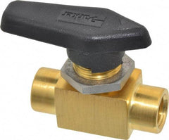 Parker - 1/4" Pipe, FNPT x FNPT End Connections, Brass, Inline, Two Way Flow, Instrumentation Ball Valve - 3,000 psi WOG Rating, Wedge Handle, PFA Seat - Exact Industrial Supply