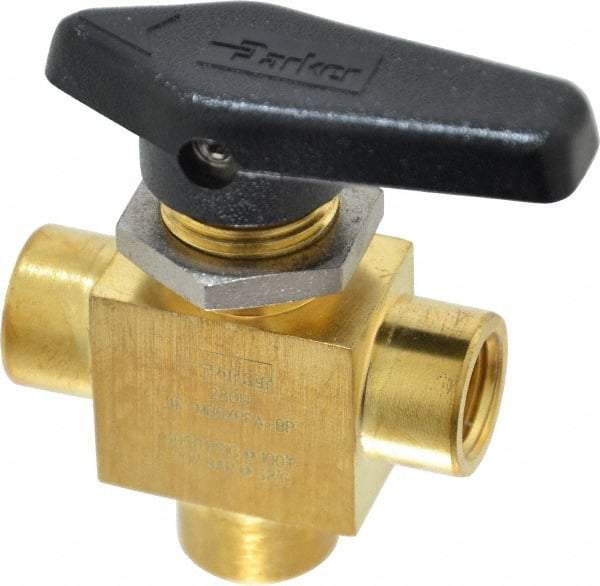 Parker - 1/4" Pipe, FNPT x FNPT x FNPT End Connections, Brass, Three Way, Instrumentation Ball Valve - 3,000 psi WOG Rating, Wedge Handle, PFA Seat - Exact Industrial Supply