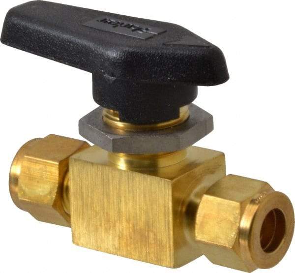 Parker - 3/8" Pipe, Brass, Inline, Two Way Flow, Instrumentation Ball Valve - 3,000 psi WOG Rating, Wedge Handle, PFA Seat - Exact Industrial Supply