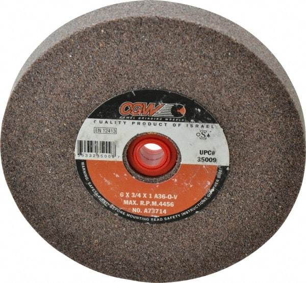 Camel Grinding Wheels - 36 Grit Aluminum Oxide Bench & Pedestal Grinding Wheel - 6" Diam x 1" Hole x 3/4" Thick, 4456 Max RPM, O Hardness, Very Coarse Grade , Vitrified Bond - Exact Industrial Supply