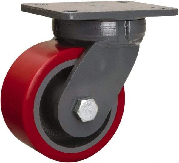 Hamilton - 6" Diam x 3" Wide x 8" OAH Top Plate Mount Swivel Caster - Polyurethane Mold onto Cast Iron Center, 2,600 Lb Capacity, Sealed Precision Ball Bearing, 5-1/4 x 7-1/4" Plate - Exact Industrial Supply