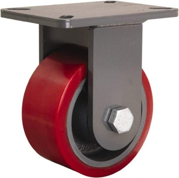 Hamilton - 6" Diam x 3" Wide x 8" OAH Top Plate Mount Rigid Caster - Polyurethane Mold onto Cast Iron Center, 2,600 Lb Capacity, Tapered Roller Bearing, 5-1/4 x 7-1/4" Plate - Exact Industrial Supply