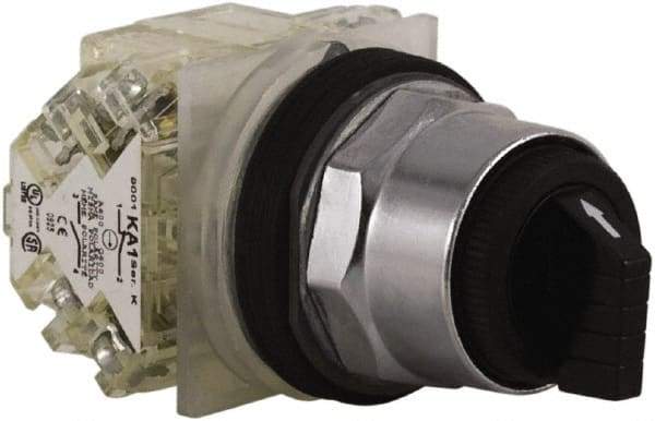 Schneider Electric - 30mm Mount Hole, 3 Position, Knob and Pushbutton Operated, Selector Switch - Black, Maintained (MA), 2NO/2NC, Weatherproof and Dust and Oil Resistant - Exact Industrial Supply