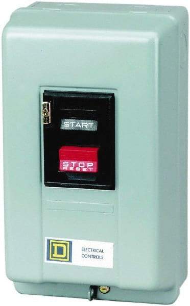 Square D - 3 Poles, 18 Amp, M-0 NEMA, Enclosed Pushbutton Manual Motor Starter - 3 hp at 200 to 230 VAC & 5 hp at 380 to 575 VAC, CSA, NEMA 1 & UL Listed - Exact Industrial Supply