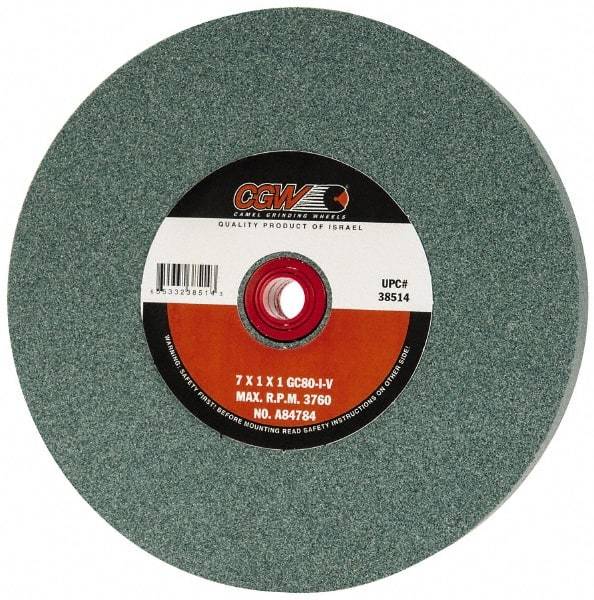 Camel Grinding Wheels - 80 Grit Silicon Carbide Bench & Pedestal Grinding Wheel - 7" Diam x 1" Hole x 1" Thick, 3760 Max RPM, I Hardness, Medium Grade , Vitrified Bond - Exact Industrial Supply