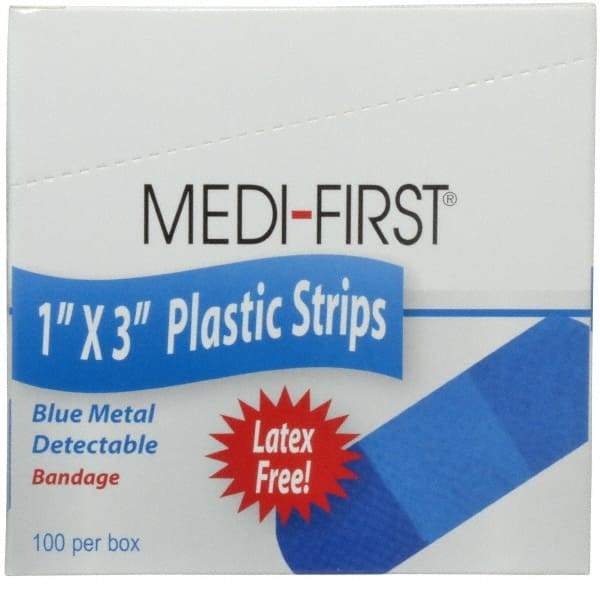 Medique - 3" Long x 1" Wide, General Purpose Self-Adhesive Bandage - Blue, Plastic Bandage, Metal Detectable - Exact Industrial Supply