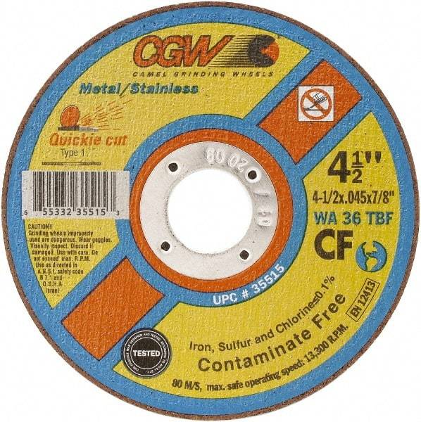 Camel Grinding Wheels - 7" 36 Grit Aluminum Oxide Cutoff Wheel - 1/16" Thick, 7/8" Arbor, 8,500 Max RPM - Exact Industrial Supply
