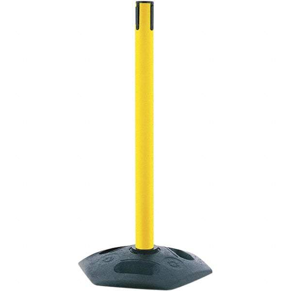 Tensator - 38" High, 2-1/2" Pole Diam, Tensabarrier Post - 19" Base Diam, Octagon Rubber Base, Yellow Plastic Post, Tape, Single Line Tape, For Outdoor Use - Exact Industrial Supply