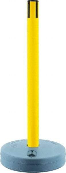 Tensator - 38" High, 2-1/2" Pole Diam, Tensabarrier Post - 15" Base Diam, Round Plastic Base, Yellow Plastic Post, Tape, Single Line Tape, For Outdoor Use - Exact Industrial Supply