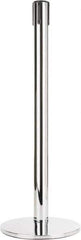 Tensator - 38" High, 2-1/2" Pole Diam, Tensabarrier Post - 14" Base Diam, Round Heavy Gauge Steel Base, Polished Chrome (Color) Steel Post, Tape, Single Line Tape - Exact Industrial Supply