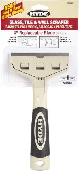 Hyde Tools - Stiff Carbon Steel 1-Edge Scraper - 4" Blade Width x 4" Blade Length, Plastic Handle - Exact Industrial Supply