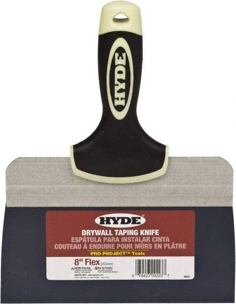 Hyde Tools - 8" Wide Spring Blade Tempered Steel Taping Knife - Flexible, Soft Grip Plastic Overmold Handle, 10-1/2" OAL - Exact Industrial Supply