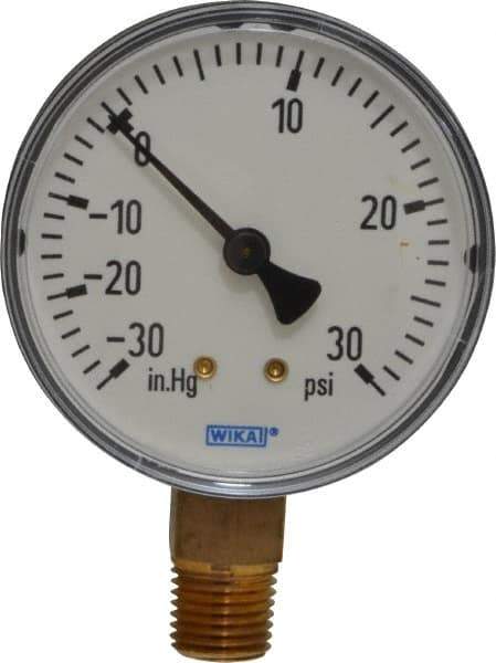 Wika - 2-1/2" Dial, 1/4 Thread, 30-0-30 Scale Range, Pressure Gauge - Lower Connection Mount, Accurate to 3-2-3% of Scale - Exact Industrial Supply