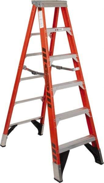 Werner - 5 Steps, 6' High, Type IAA Rating, Fiberglass Step Ladder - 375 Lb Capacity, 25" Base Width - Exact Industrial Supply