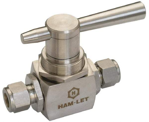 Ham-Let - 3/8" Pipe, FNPT x FNPT End Connections, Stainless Steel, Inline, Two Way Flow, Instrumentation Ball Valve - 3,000 psi WOG Rating, Tee Handle, PTFE Seal, PTFE Seat, Swaglok SS-44F6 - Exact Industrial Supply