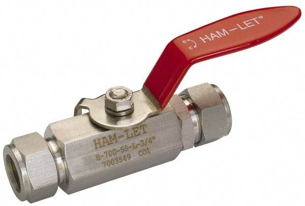Ham-Let - 1" Pipe, Compression x Compression End Connections, Stainless Steel, Inline, Two Way Flow, Instrumentation Ball Valve - 2,000 psi WOG Rating, Locking Lever Handle, Reinforced PTFE Seal, Reinforced PTFE Seat - Exact Industrial Supply