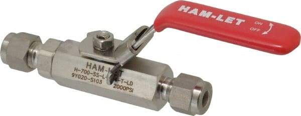 Ham-Let - 1/4" Pipe, Compression x Compression End Connections, Stainless Steel, Inline, Two Way Flow, Instrumentation Ball Valve - 2,000 psi WOG Rating, Locking Lever Handle, Reinforced PTFE Seal, Reinforced PTFE Seat - Exact Industrial Supply