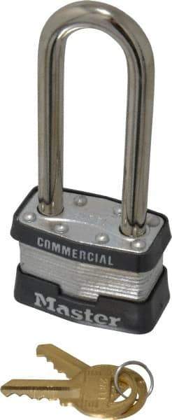 Master Lock - 2-1/2" Shackle Clearance, Keyed Different Padlock - 3/4" Shackle Width, 5/16" Shackle Diam, Laminated Steel - Exact Industrial Supply