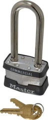 Master Lock - 2-1/2" Shackle Clearance, Keyed Different Padlock - 3/4" Shackle Width, 5/16" Shackle Diam, Laminated Steel - Exact Industrial Supply