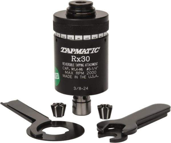 Tapmatic - Model RX30, No. 0 Min Tap Capacity, 1/4 Inch Max Mild Steel Tap Capacity, 3/8-24 Mount Tapping Head - 21600 (J116), 21700 (J117) Compatible, Includes Tap Clamping Wrenches and 2 collets, for Manual Machines - Exact Industrial Supply
