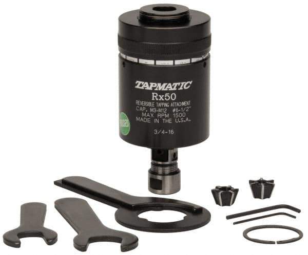 Tapmatic - Model RX50, No. 6 Min Tap Capacity, 1/2 Inch Max Mild Steel Tap Capacity, 3/4-16 Mount Tapping Head - 22100 (J421), 22200 (J422) Compatible, Includes Tap Clamping Wrenches and 2 collets, for Manual Machines - Exact Industrial Supply