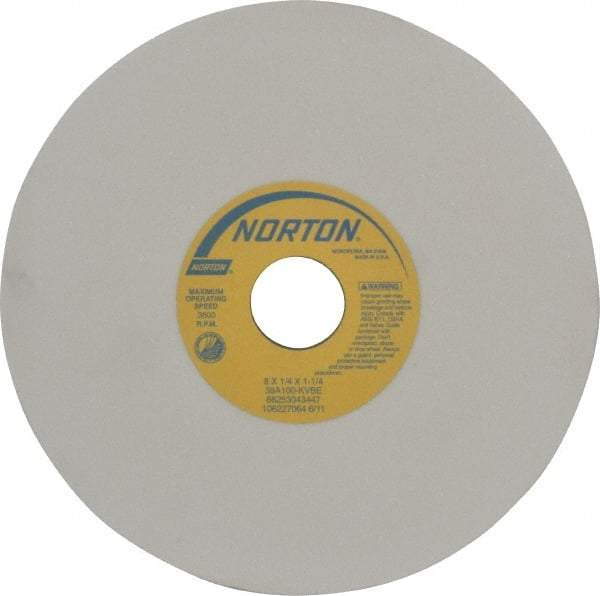 Norton - 8" Diam x 1-1/4" Hole x 1/4" Thick, K Hardness, 100 Grit Surface Grinding Wheel - Aluminum Oxide, Type 1, Fine Grade, 3,600 Max RPM, Vitrified Bond, No Recess - Exact Industrial Supply