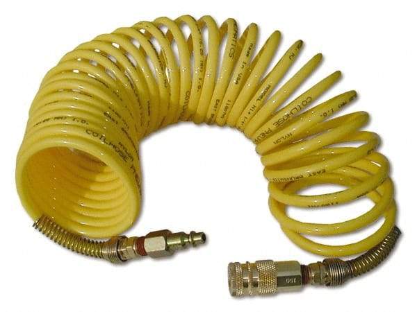 Coilhose Pneumatics - 3/8" ID, 3/8 Thread, 12' Long, Yellow Nylon Coiled & Self Storing Hose - 165 Max psi, Industrial Interchange Coupler x Male Swivel - Exact Industrial Supply